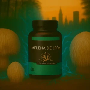 Frasco de cápsulas de Melena de León AITIA en fondo natural, hongo funcional colombiano que apoya la neuroplasticidad y la concentración mental.