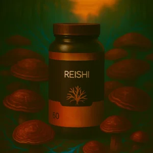Frasco de cápsulas Reishi AITIA rodeado de hongos Ganoderma lucidum en un entorno natural, símbolo de descanso, equilibrio y energía vital.