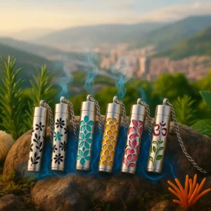 Collares cilíndricos de aromaterapia Mente Presente sobre fondo natural de montaña, liberando aroma, símbolo de calma, enfoque y neuroplasticidad.