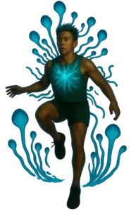 Persona en movimiento con energía luminosa, rodeada de hongos Cordyceps, símbolo de vitalidad.