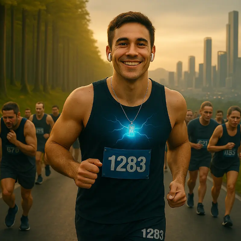 Corredor sonriendo con collar de aromaterapia del Kit Cordyceps de Mente Presente, rodeado de competidores, simbolizando energía, vitalidad y enfoque mental durante el ejercicio