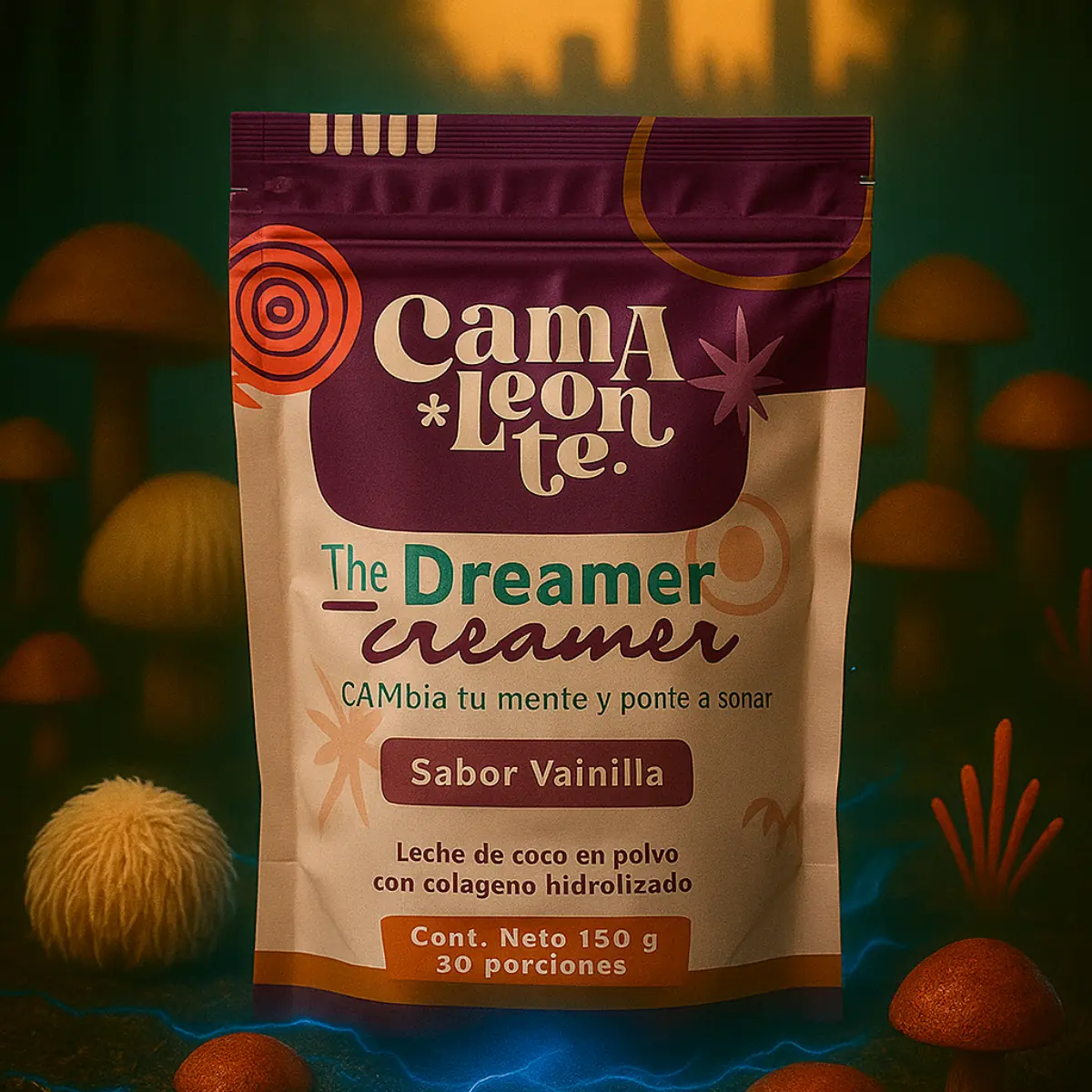 The Dreamer Creamer Camaleonte sabor vainilla – Leche de coco con colágeno hidrolizado para descanso profundo y nutrición nocturna.