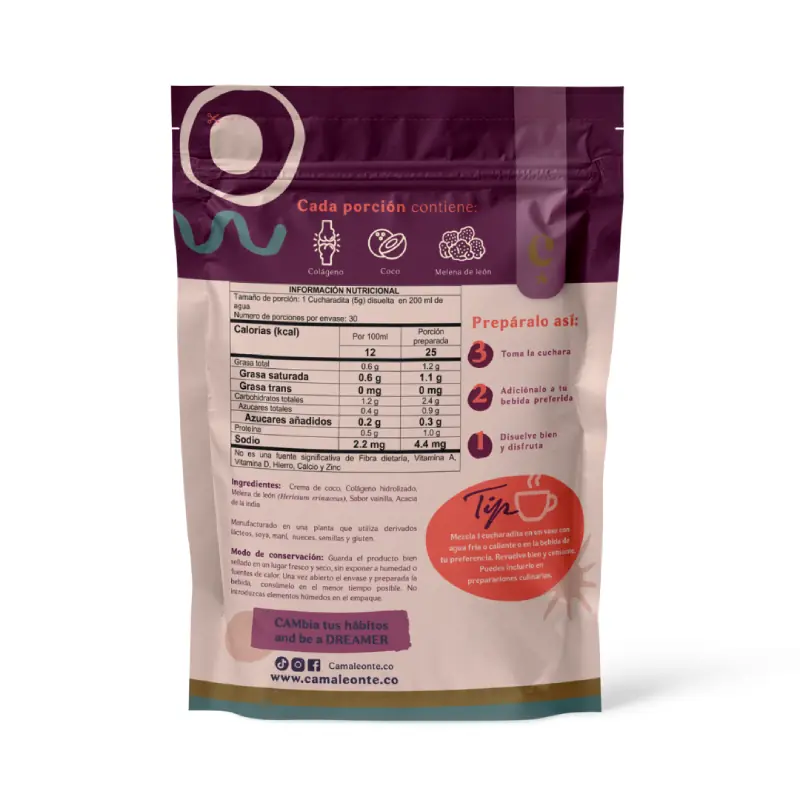 Empaque de The Dreamer Creamer Camaleonte sabor vainilla – mezcla de leche de coco en polvo con colágeno hidrolizado para descanso profundo y nutrición nocturna.