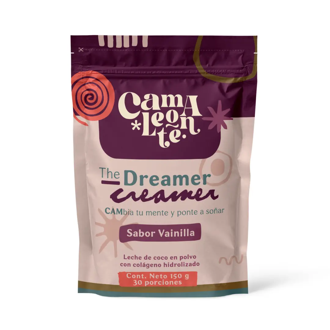 Empaque de The Dreamer Creamer Camaleonte sabor vainilla – mezcla de leche de coco en polvo con colágeno hidrolizado para descanso profundo y nutrición nocturna.