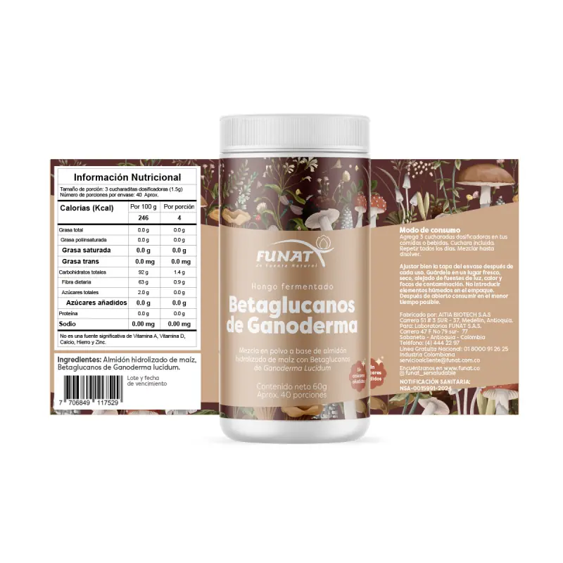 Frasco del suplemento FUNAT Betaglucanos de Ganoderma – hongo Reishi fermentado para energía, equilibrio y fortalecimiento inmunológico.