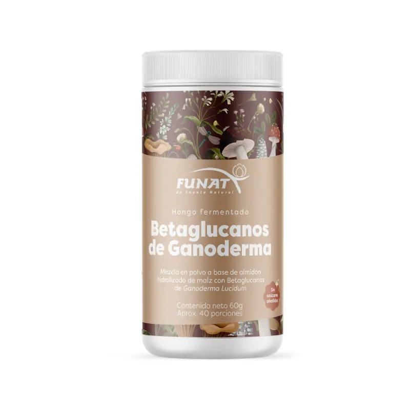 Frasco del suplemento FUNAT Betaglucanos de Ganoderma – hongo Reishi fermentado para energía, equilibrio y fortalecimiento inmunológico.