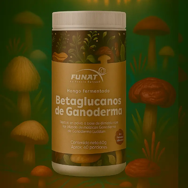 Frasco de Betaglucanos de Ganoderma FUNAT – suplemento natural con hongo Reishi fermentado para equilibrio, energía y defensa inmunológica.