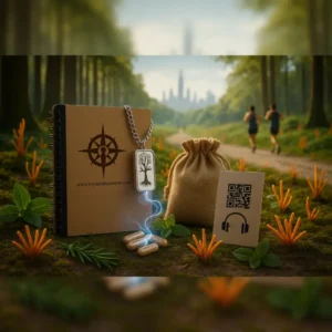Kit Cordyceps de Mente Presente con cápsulas de hongo Cordyceps, bitácora, dispositivo de aromaterapia y tarjeta QR, sobre un fondo natural con hongos naranjas que simbolizan energía y vitalidad