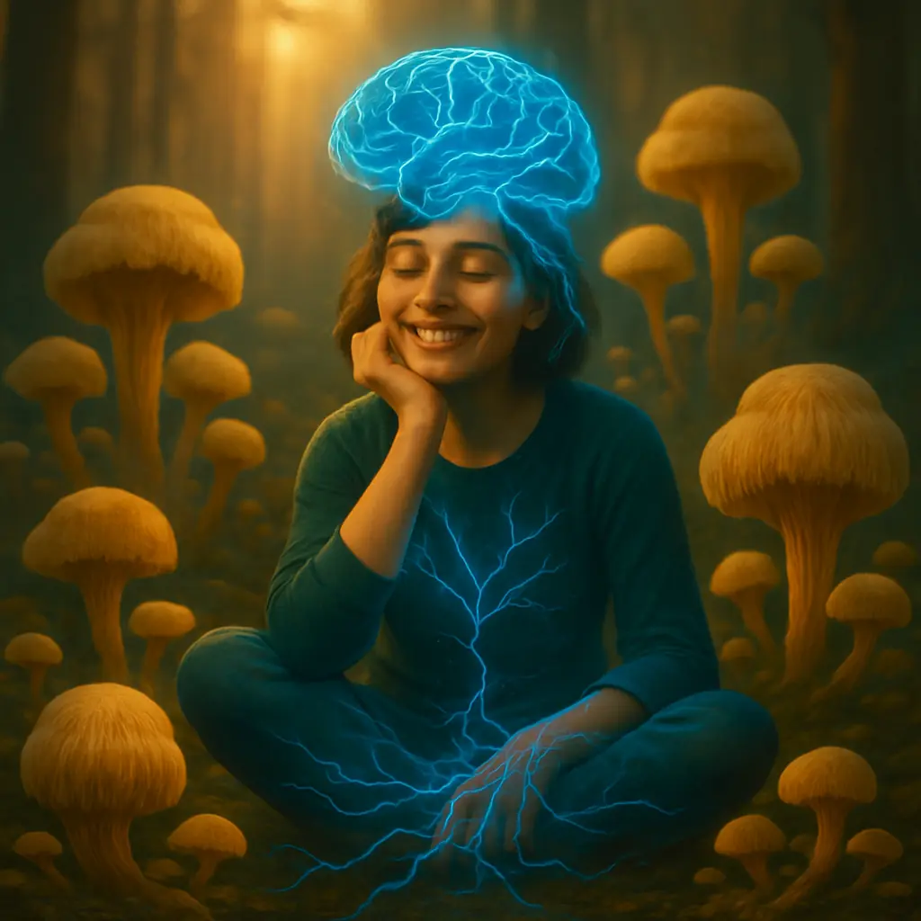 Mujer sonriente en un bosque rodeada de hongos Melena de León, con conexiones neuronales azules representando claridad y enfoque mental