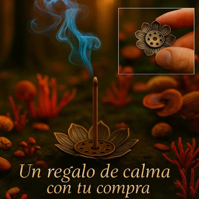 Porta incienso en forma de flor con humo azul, rodeado de hongos y elementos naturales, regalo incluido en la compra del Kit Melena de León
