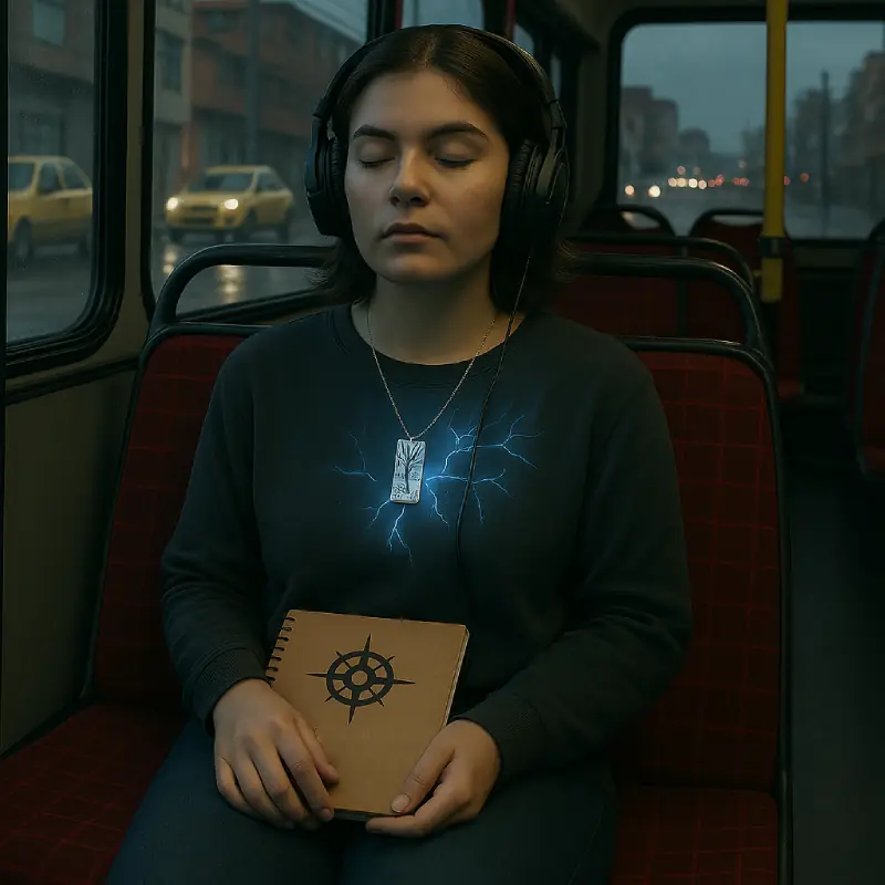 Mujer con collar de aromaterapia y cuaderno del kit Melena de León, practicando el ritual diario de enfoque y creatividad con audífonos