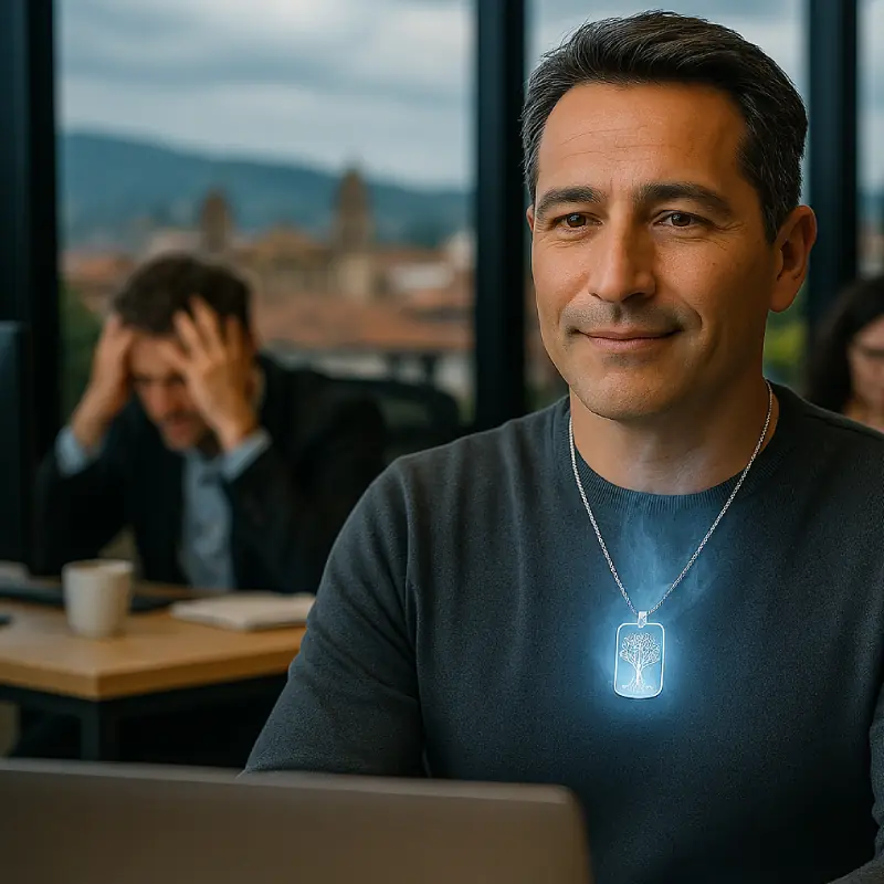 Hombre tranquilo y enfocado usando el collar de aromaterapia del Kit Reishi, mientras trabaja sereno rodeado de personas estresadas en la oficina