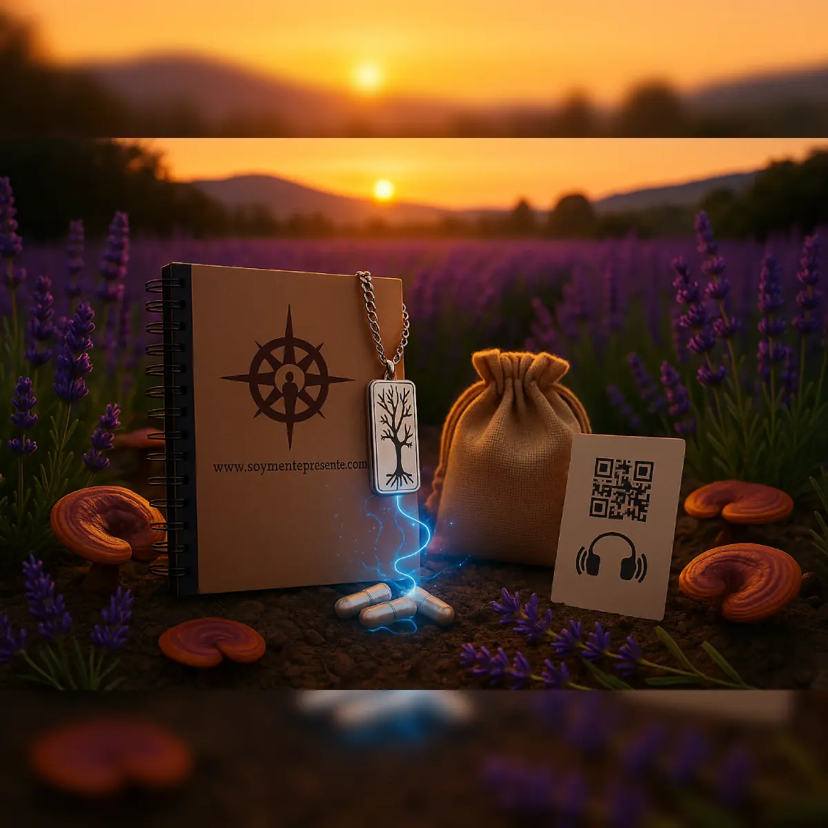 Kit Reishi de Mente Presente con cápsulas, cuaderno de propósito, collar de aromaterapia y tarjeta QR, rodeado de hongos reishi y lavanda al atardecer