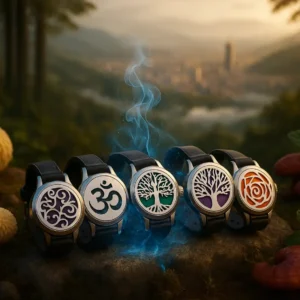 Colección de pulseras de aromaterapia Mente Presente con diseños simbólicos en acero y cuero, liberando aroma en un entorno natural y montañoso.